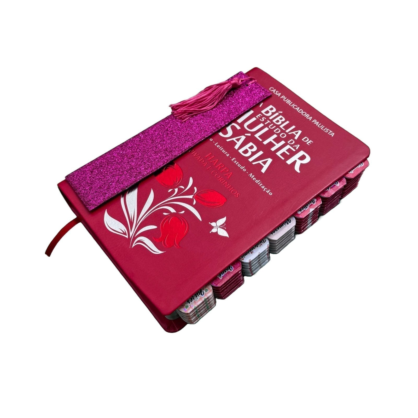 Capa do livro Bíblia de Estudo da Mulher Sábia Vermelha Palavras de Jesus em Vermelho Deus em Azul com abas